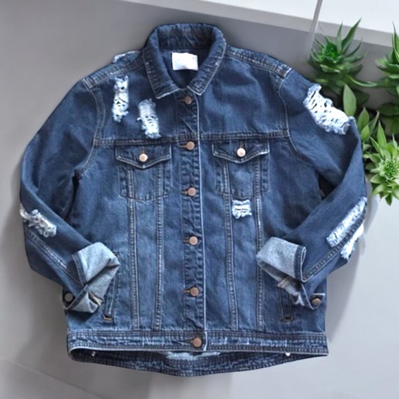 TinselTown Oversized Destroyed Blue Denim Jacket - Picture 13 of 16